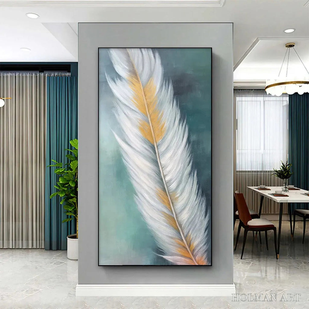 HOLMAN ART Golden Quill – White and Gold Feather Painting, Green Background , Vertical Canvas, Minimalist Decor - image 2