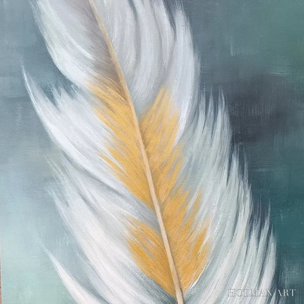 HOLMAN ART Golden Quill – White and Gold Feather Painting, Green Background , Vertical Canvas, Minimalist Decor - image 3