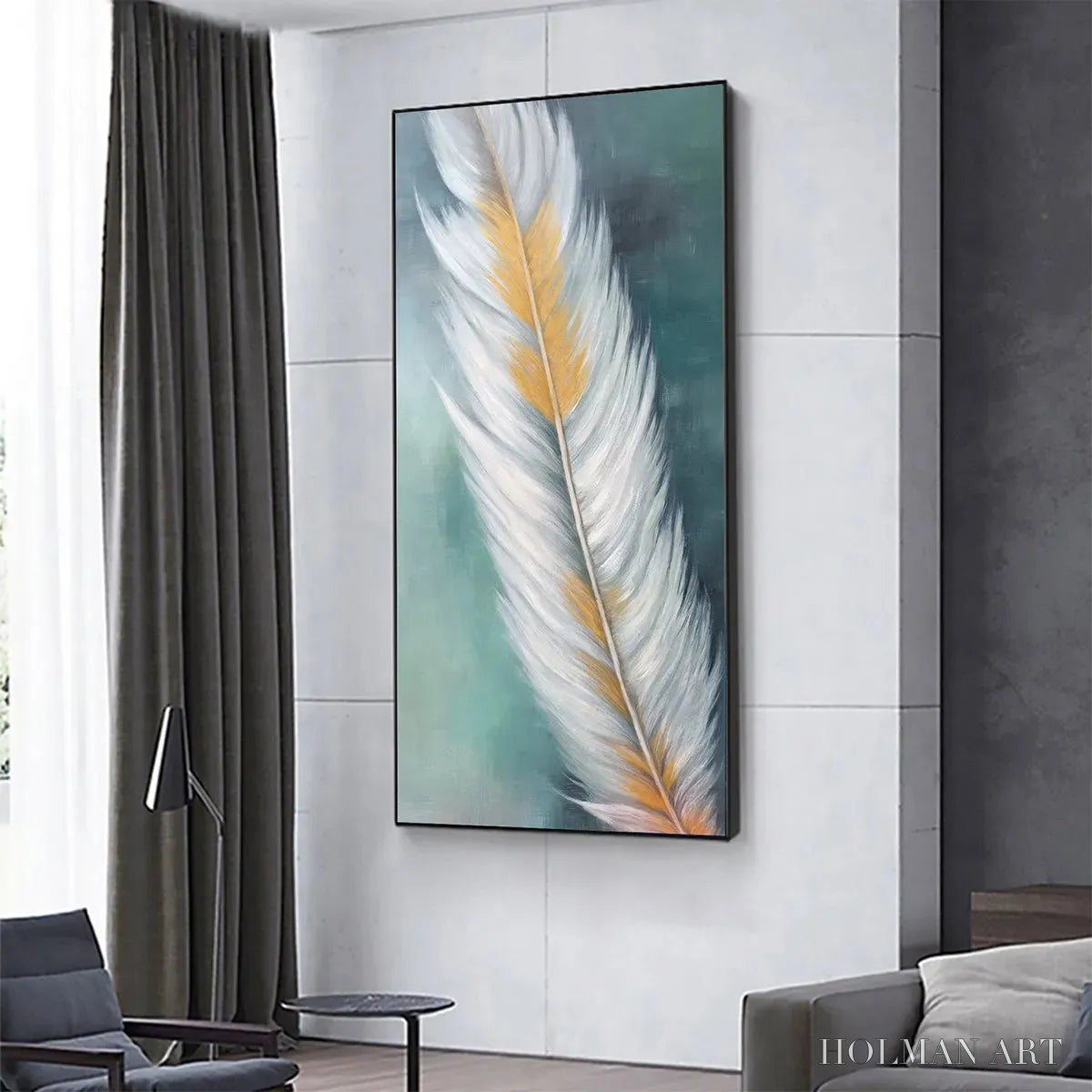 HOLMAN ART Golden Quill – White and Gold Feather Painting, Green Background , Vertical Canvas, Minimalist Decor - image 4