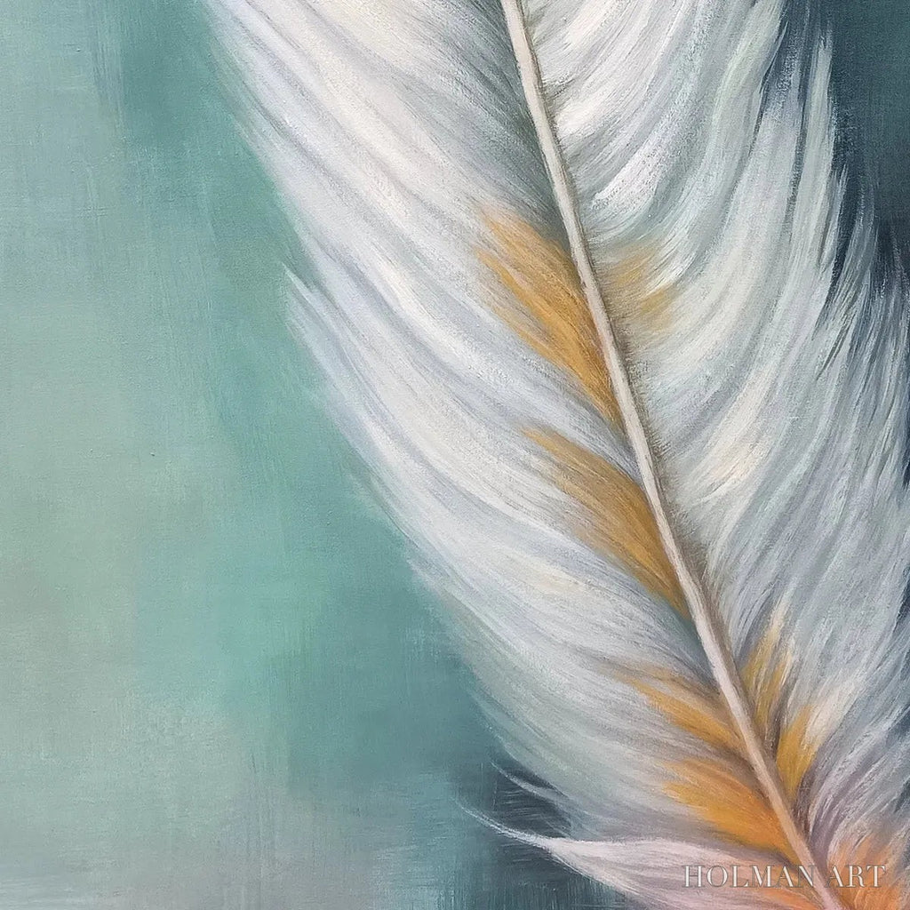 HOLMAN ART Golden Quill – White and Gold Feather Painting, Green Background , Vertical Canvas, Minimalist Decor - image 5