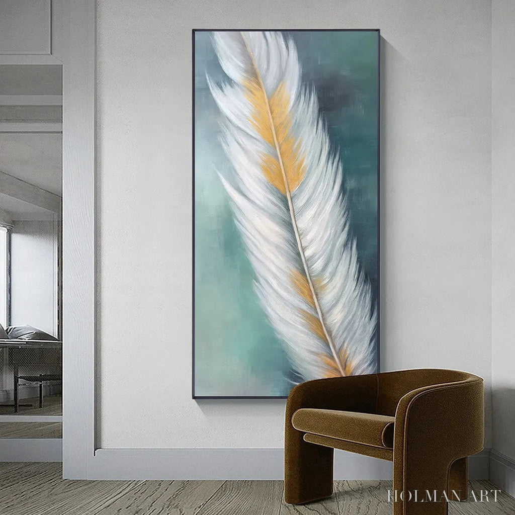 HOLMAN ART Golden Quill – White and Gold Feather Painting, Green Background , Vertical Canvas, Minimalist Decor - image 6