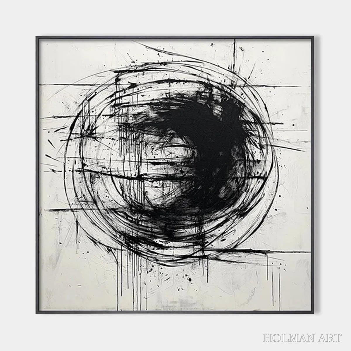 HOLMAN ART Ink Vortex – Minimalist Black and White Abstract Oil Painting - image 1