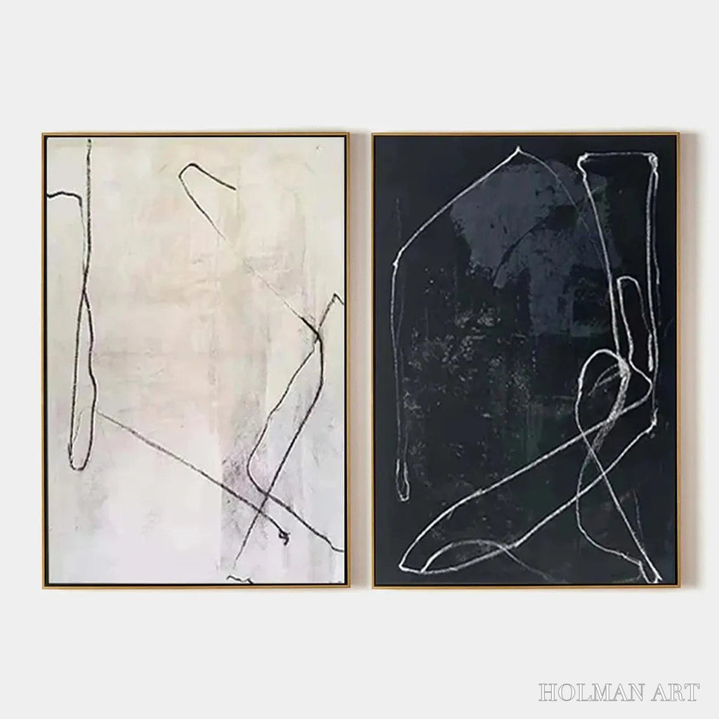 HOLMAN ART Minimalist Abstract Duo – Set of 2 Abstract Paintings in Black and White - image 1