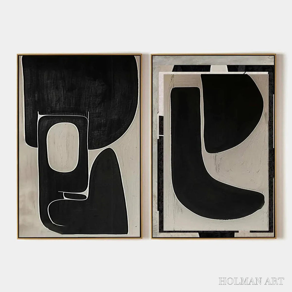 HOLMAN ART Black & Beige Abstract Diptych Ii – Abstract Painting Set of 2, Vertical - image 1