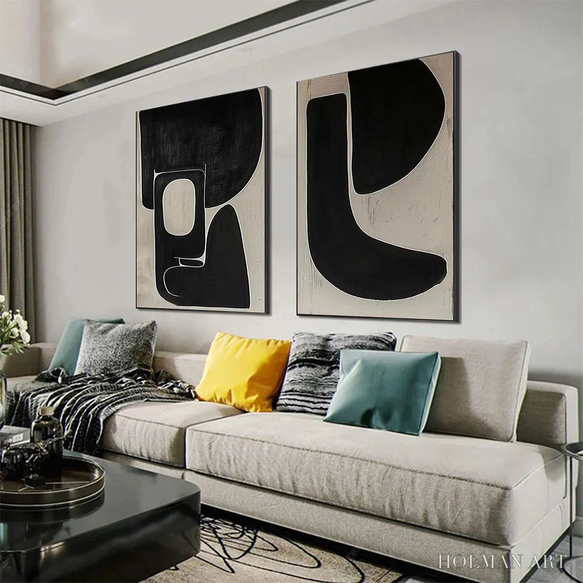 HOLMAN ART Black & Beige Abstract Diptych Ii – Abstract Painting Set of 2, Vertical - image 4