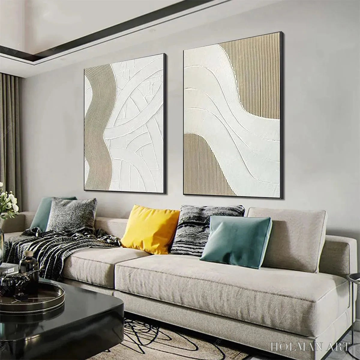 HOLMAN ART Textured White Lines Diptych – Minimalist Textured Painting Set of 2, Square - image 6