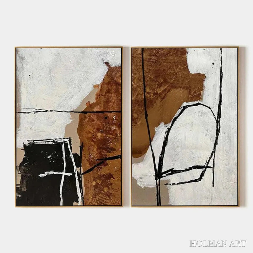 HOLMAN ART Brown & White Abstract Diptych – Abstract Painting Set of 2, Vertical - image 1