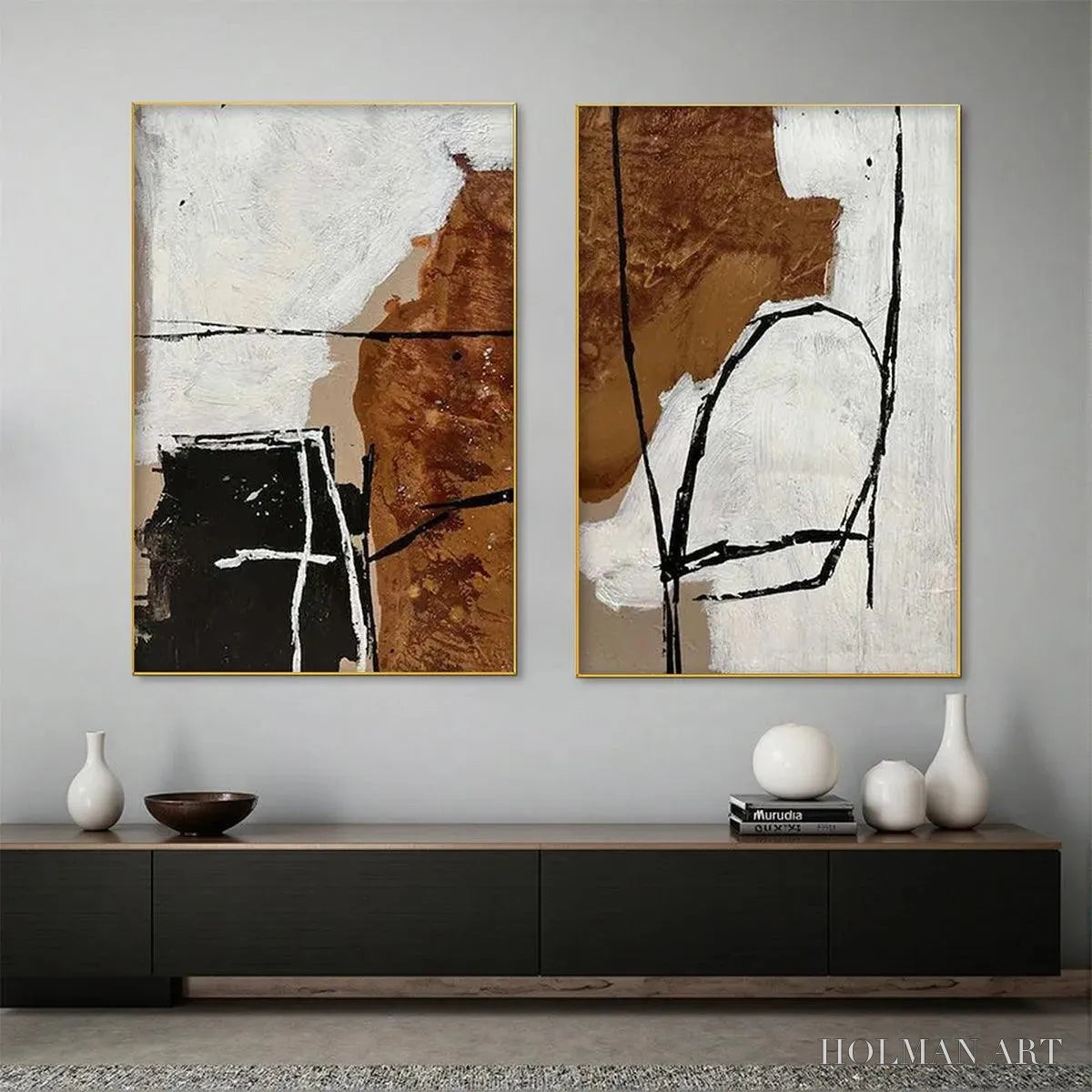 HOLMAN ART Brown & White Abstract Diptych – Abstract Painting Set of 2, Vertical - image 2
