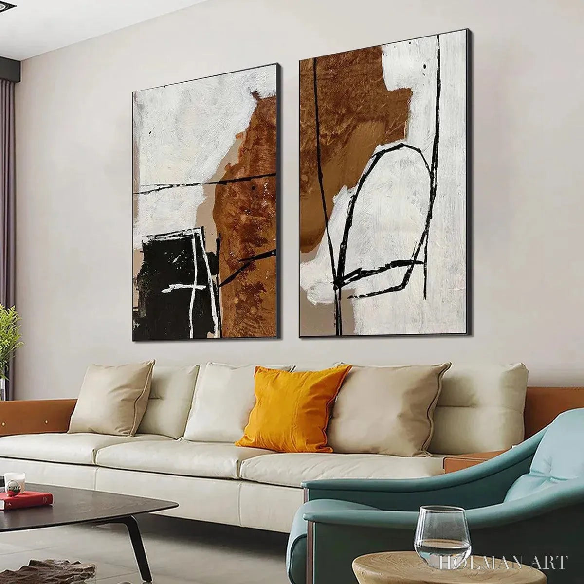 HOLMAN ART Brown & White Abstract Diptych – Abstract Painting Set of 2, Vertical - image 4