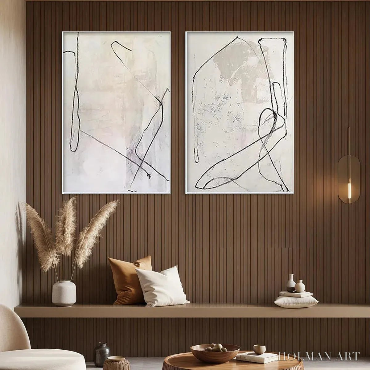 HOLMAN ART Minimalist Abstract Diptych – Beige Abstract Painting Set of 2 - image 4