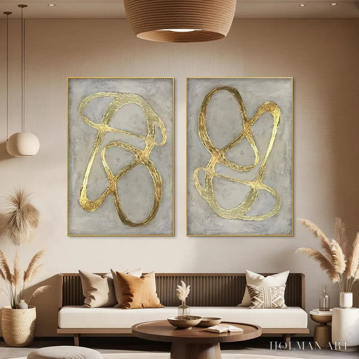 HOLMAN ART Golden Abstract Diptych – Abstract Painting Set of 2, Vertical - image 5
