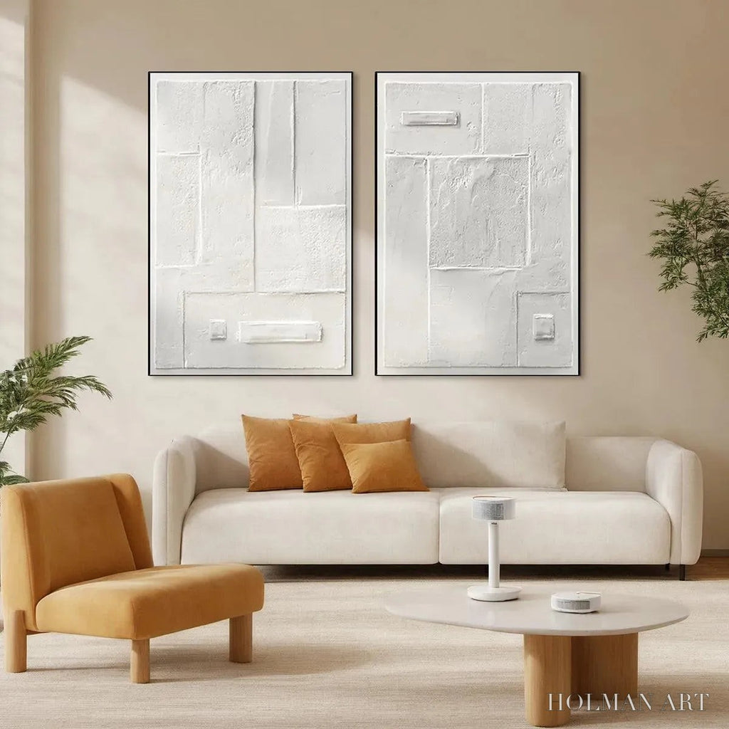 HOLMAN ART White Textured Vertical Diptych – Minimalist Textured Painting Set of 2, Vertical - image 2