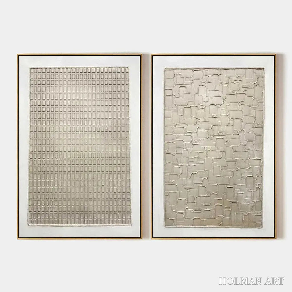 HOLMAN ART Textured Beige Grid Set – Minimalist Textured Painting Set of 2 - image 1