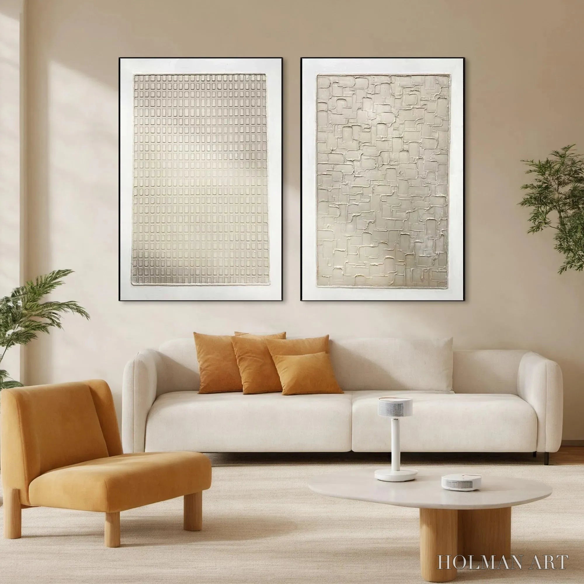 HOLMAN ART Textured Beige Grid Set – Minimalist Textured Painting Set of 2 - image 2