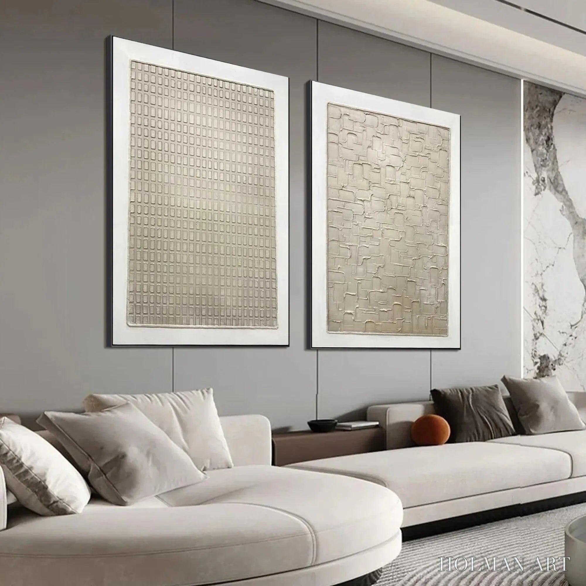 HOLMAN ART Textured Beige Grid Set – Minimalist Textured Painting Set of 2 - image 4