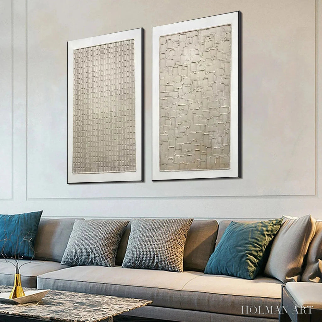 HOLMAN ART Textured Beige Grid Set – Minimalist Textured Painting Set of 2 - image 5