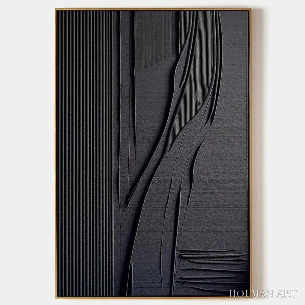 HOLMAN ART Black Textured Lines and Curves – Minimalist Textured Abstract Painting - image 1