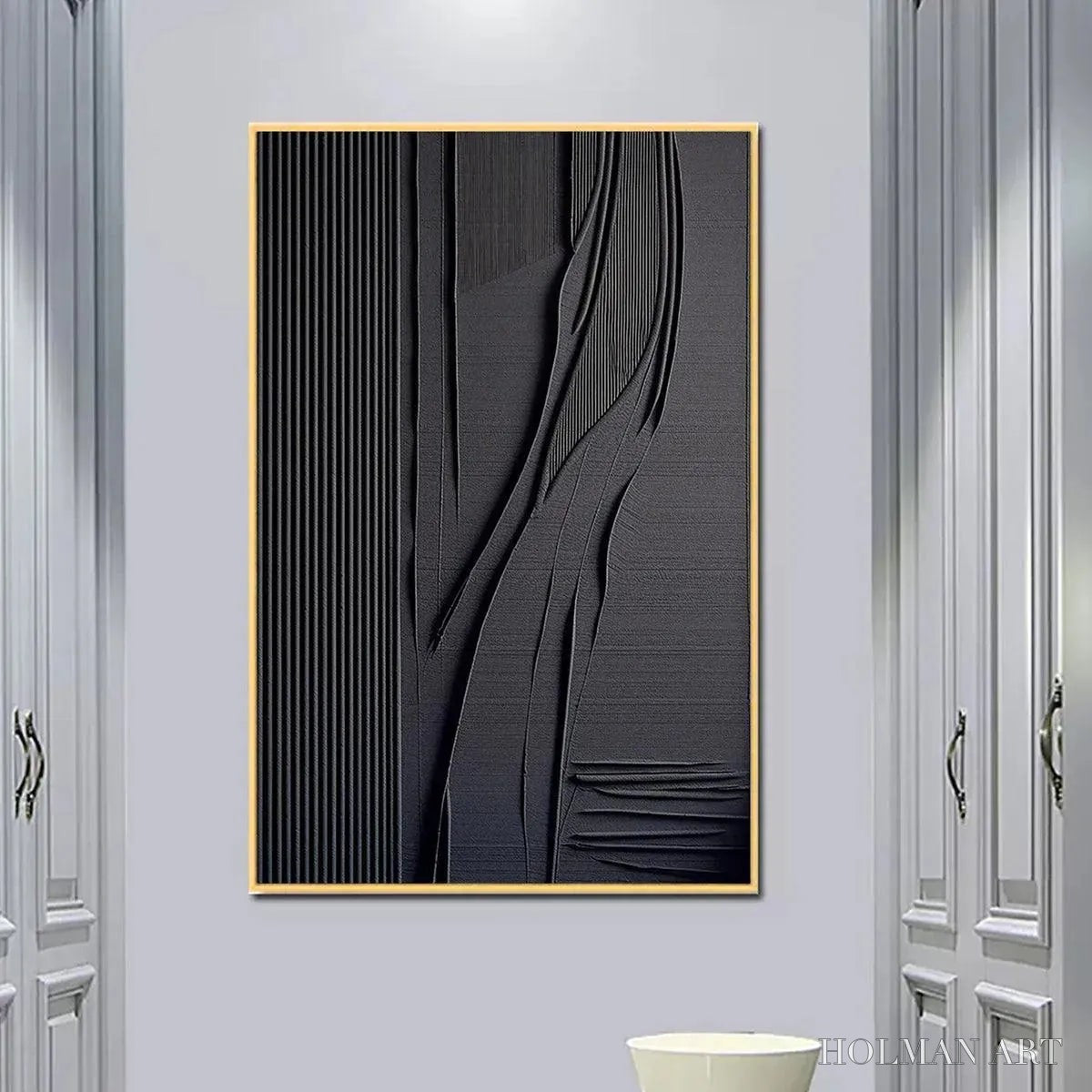 HOLMAN ART Black Textured Lines and Curves – Minimalist Textured Abstract Painting - image 2