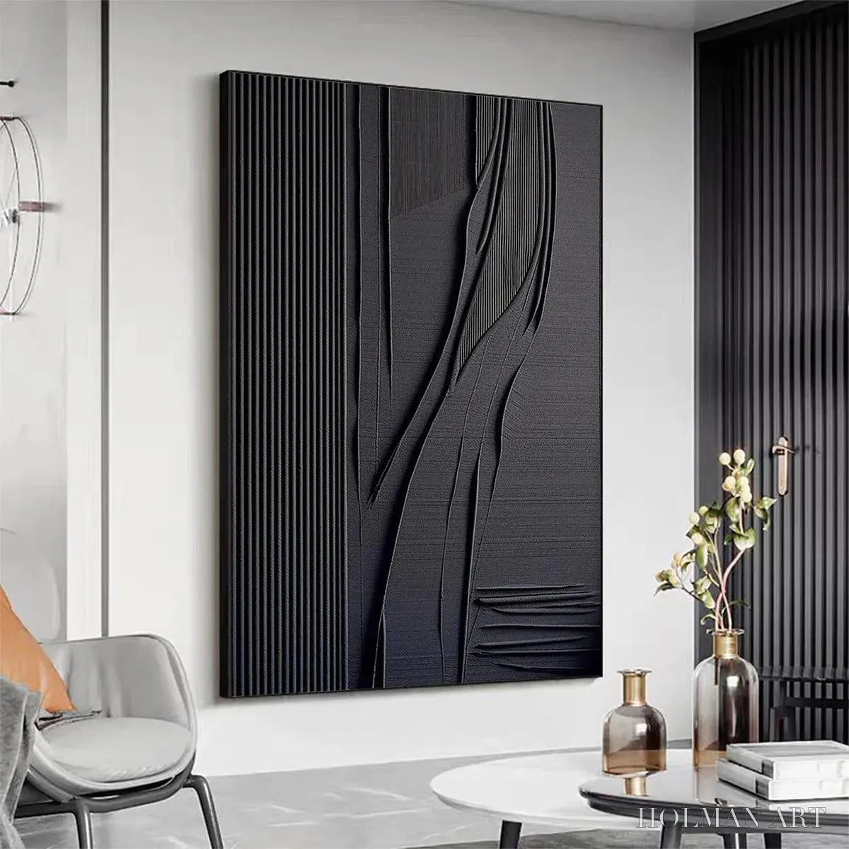 HOLMAN ART Black Textured Lines and Curves – Minimalist Textured Abstract Painting - image 3
