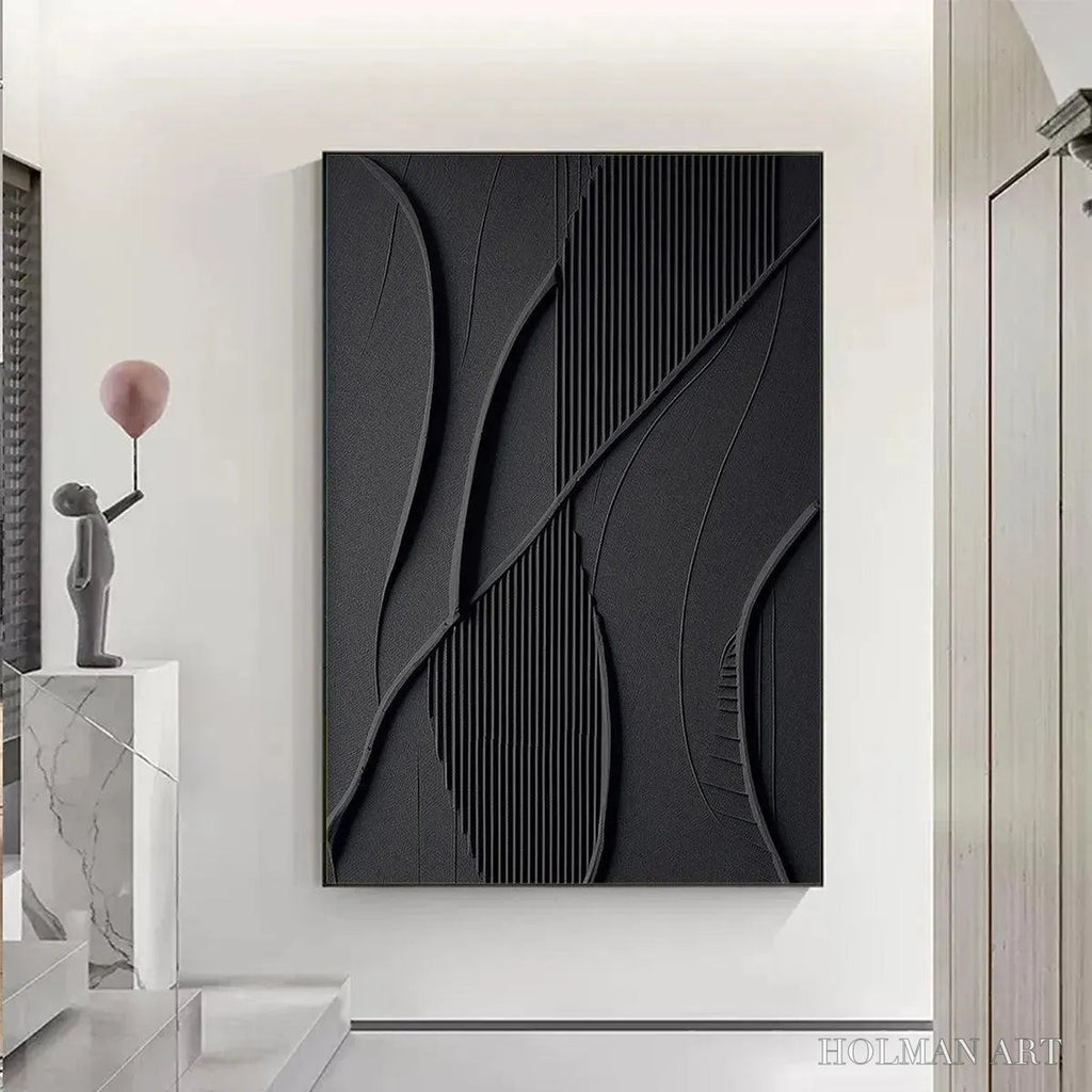 HOLMAN ART Black Textured Abstract – Minimalist Textured Painting - image 2