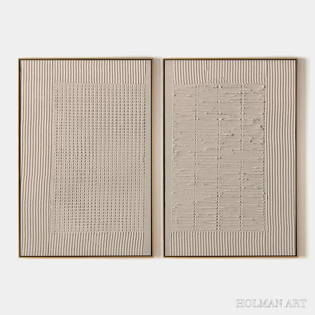 HOLMAN ART Textured Grid Duo – Set of 2 Textured Abstract Paintings in Beige - image 1