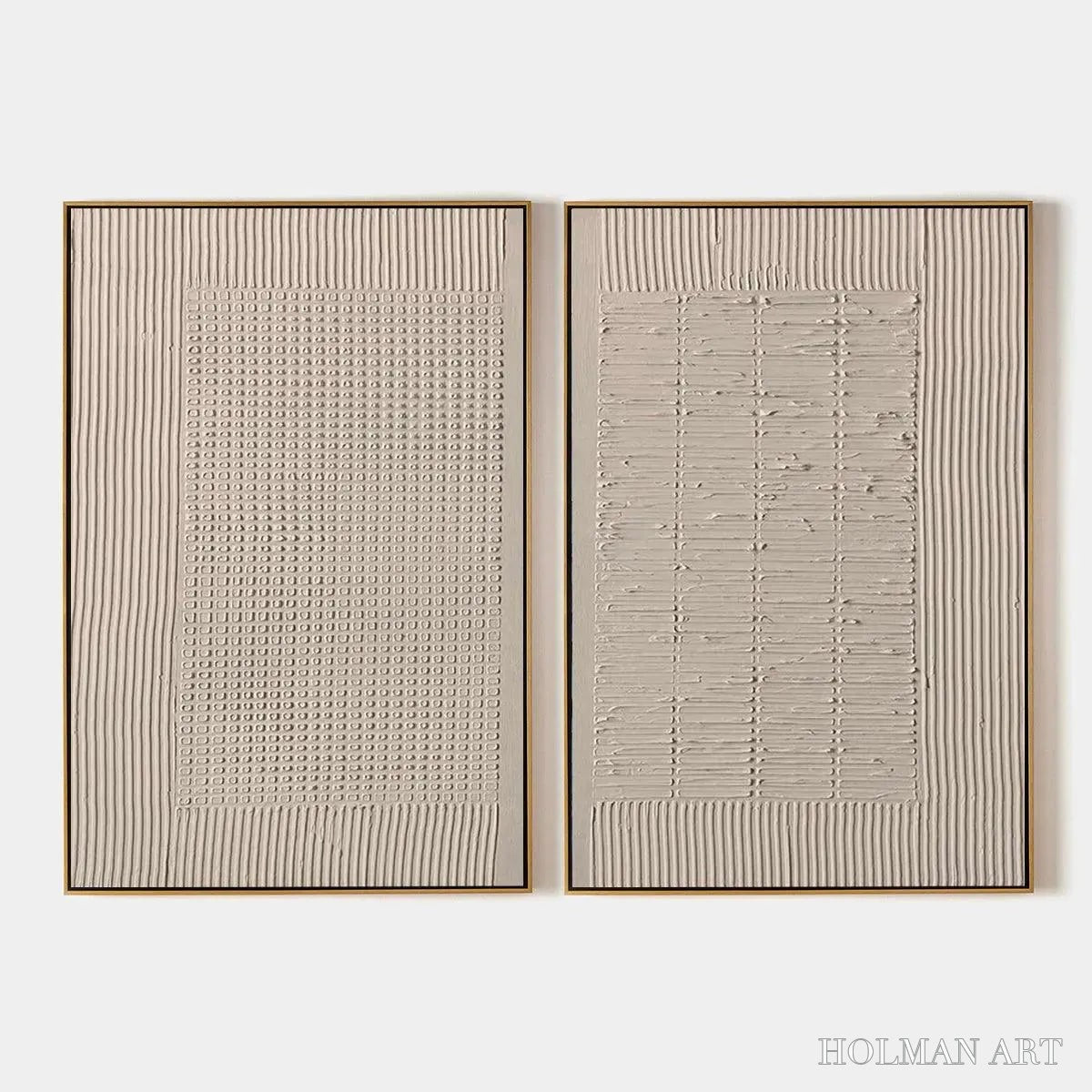 HOLMAN ART Textured Grid Duo – Set of 2 Textured Abstract Paintings in Beige - image 1