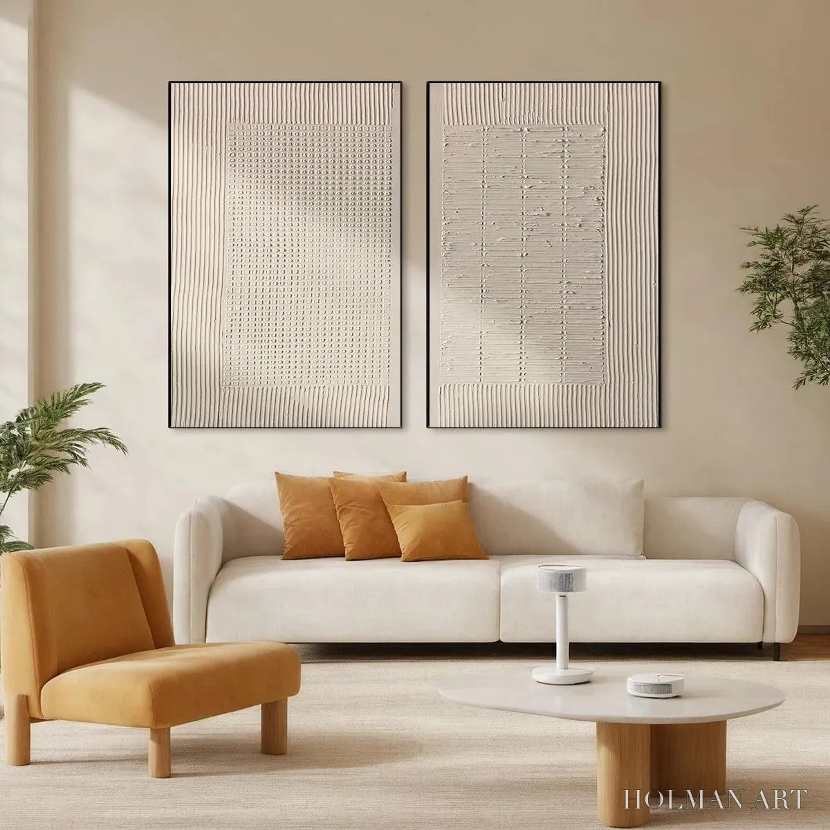 HOLMAN ART Textured Grid Duo – Set of 2 Textured Abstract Paintings in Beige - image 2