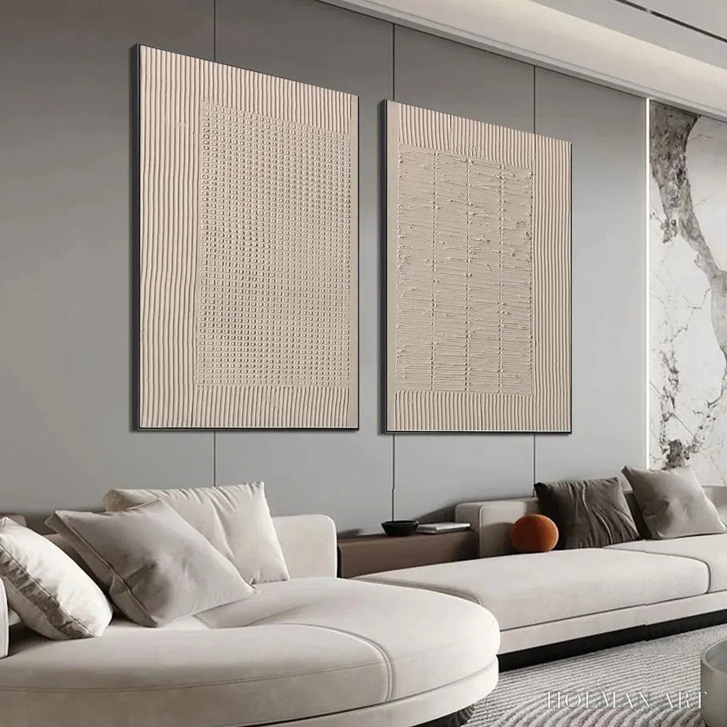 HOLMAN ART Textured Grid Duo – Set of 2 Textured Abstract Paintings in Beige - image 4