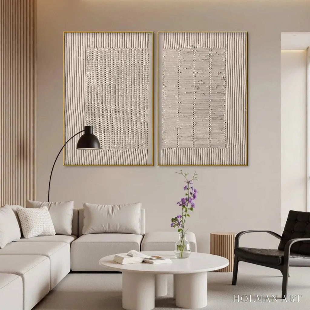 HOLMAN ART Textured Grid Duo – Set of 2 Textured Abstract Paintings in Beige - image 5