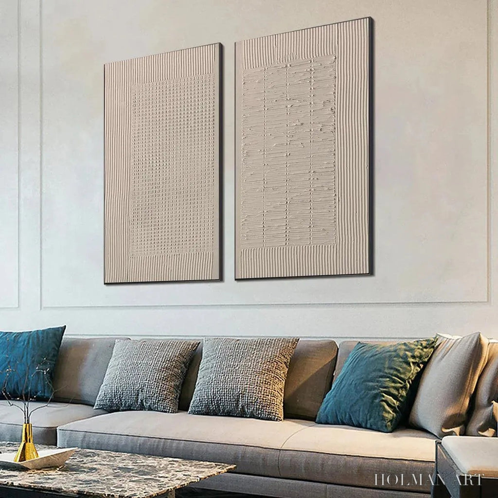 HOLMAN ART Textured Grid Duo – Set of 2 Textured Abstract Paintings in Beige - image 6
