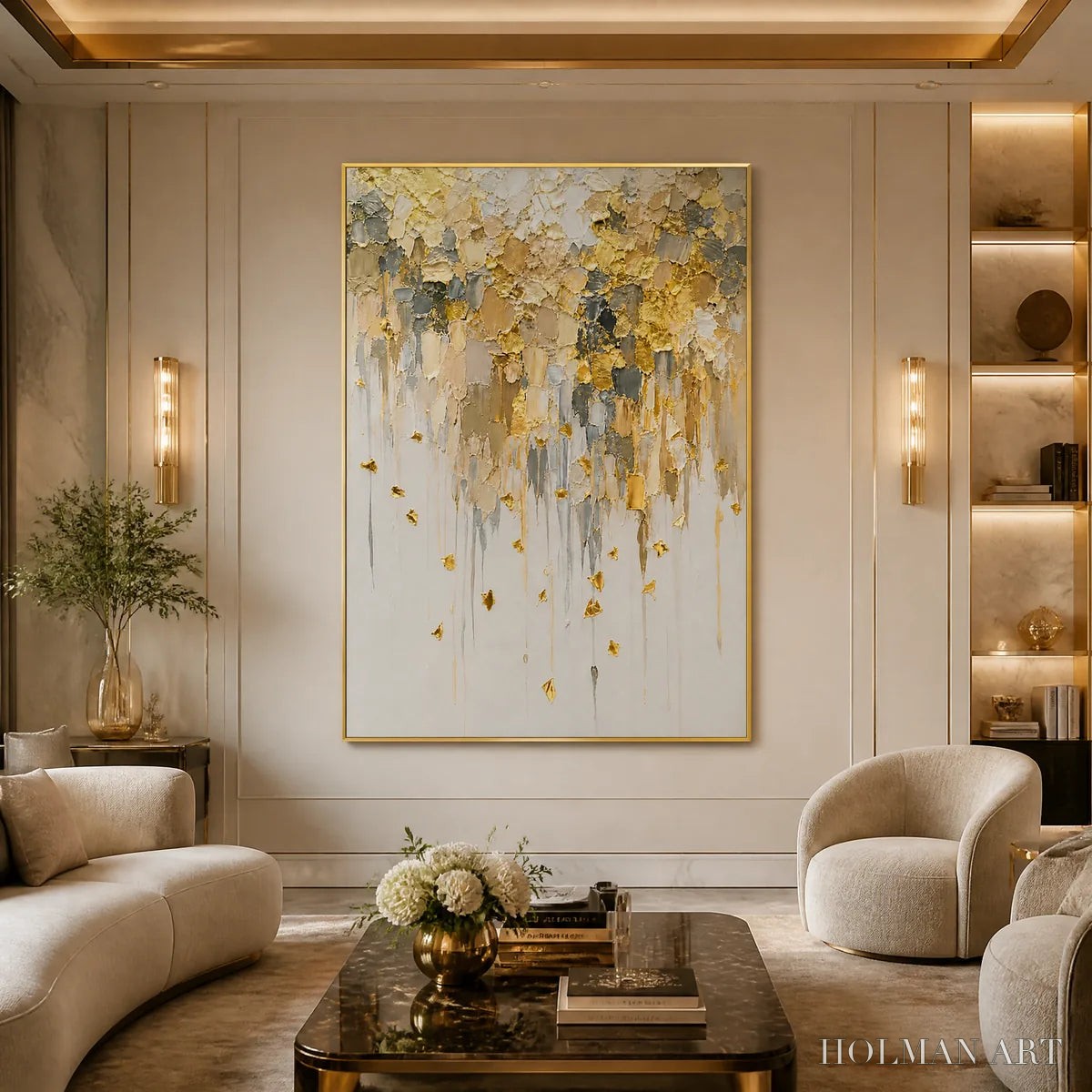 HOLMAN ART Falling Gold – Gold Leaf Drip Abstract Painting - image 2