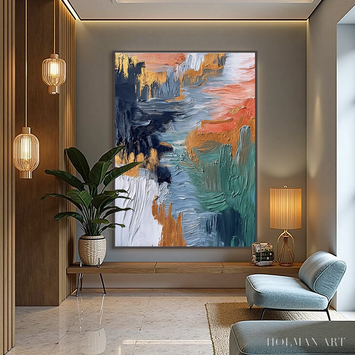 HOLMAN ART Ethereal Cascade – Textured Vertical Abstract Art with Gold Accents - image 4