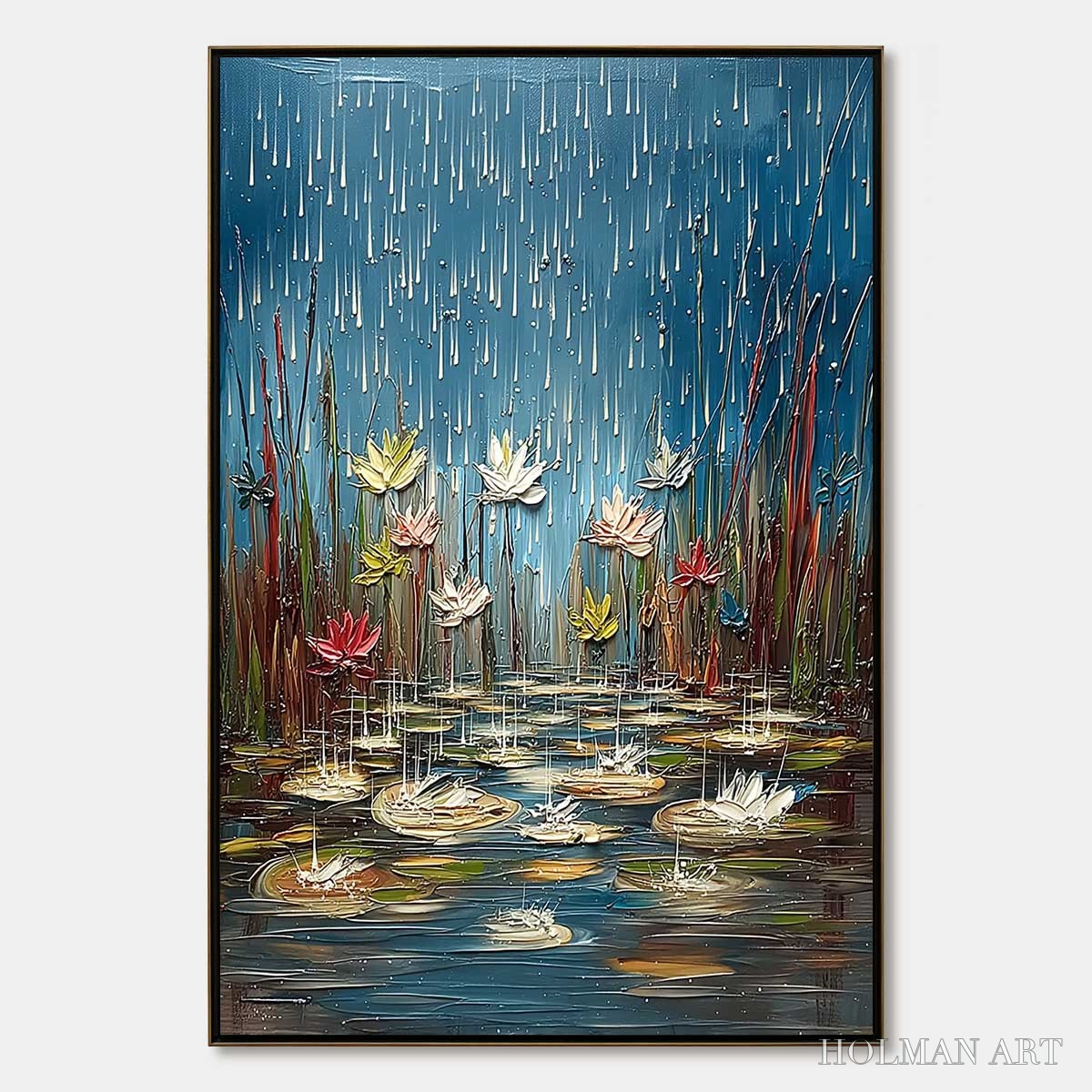 HOLMAN ART Petrichor Blossoms – Textured Impasto Painting of Water Lilies in the Rain - image 1