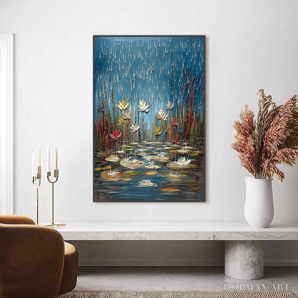 HOLMAN ART Petrichor Blossoms – Textured Impasto Painting of Water Lilies in the Rain - image 2
