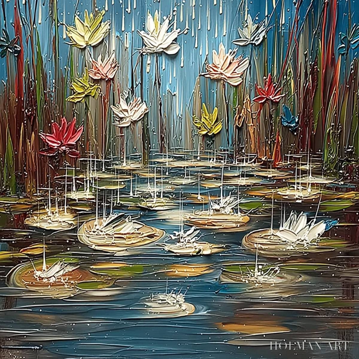 HOLMAN ART Petrichor Blossoms – Textured Impasto Painting of Water Lilies in the Rain - image 5