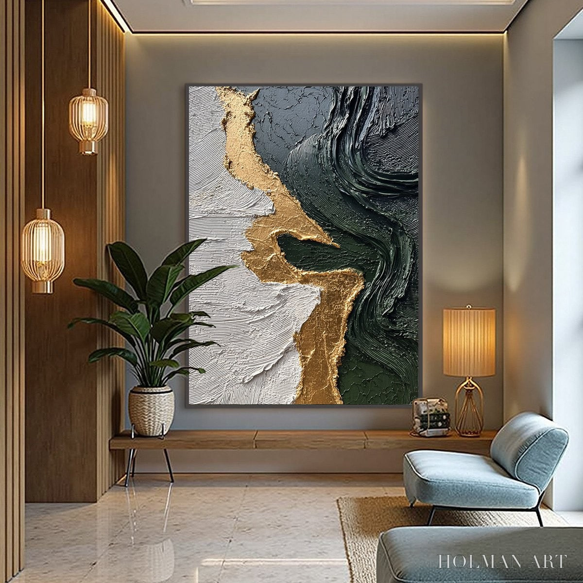 HOLMAN ART Veridian Rift – Large Vertical Textured Abstract Green and Gold Painting - image 2