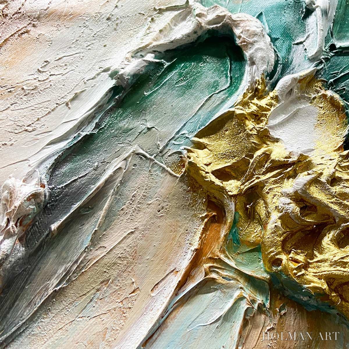 HOLMAN ART Ready to Ship | Jade Aurora – Abstract Gold-Green Impasto Oil Painting - image 2