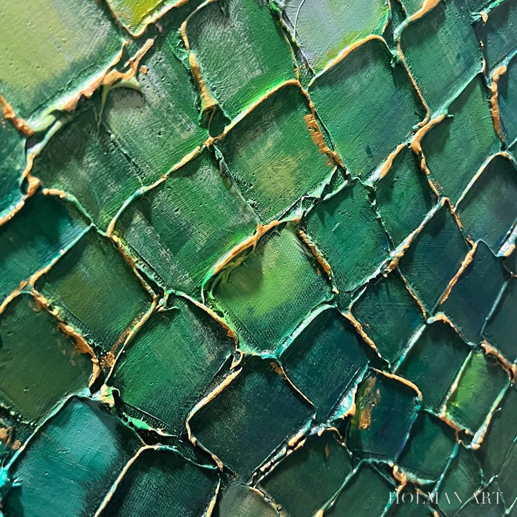 HOLMAN ART Emerald Mosaic – Textured Abstract Green and Gold Oil Painting - image 3
