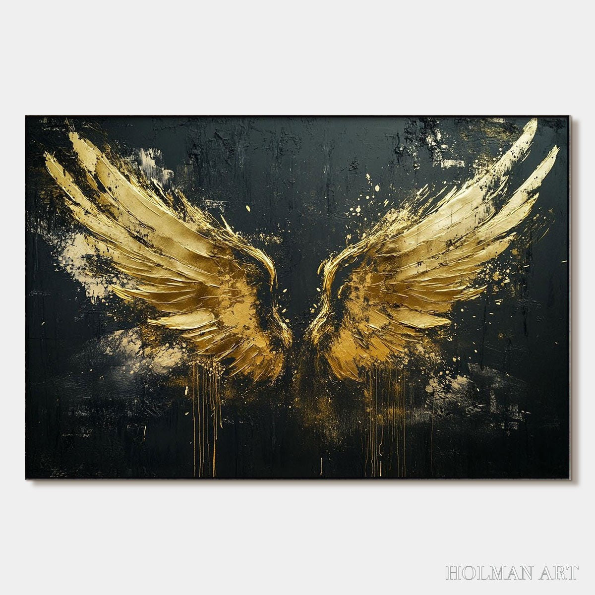 HOLMAN ART Golden Ascension – Textured Gold Wings Oil Painting on Black Canvas - image 1