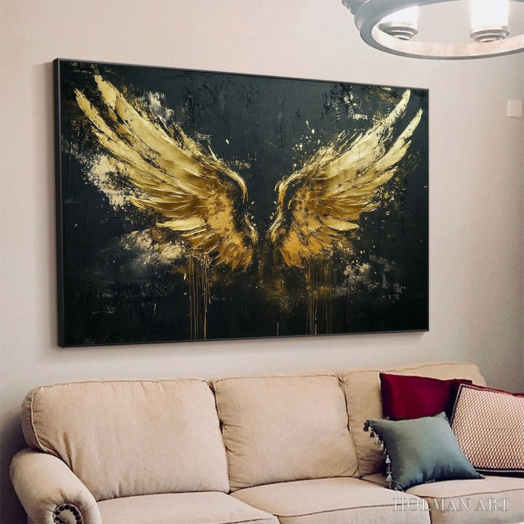 HOLMAN ART Golden Ascension – Textured Gold Wings Oil Painting on Black Canvas - image 4