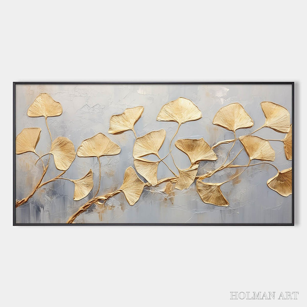 HOLMAN ART Golden Whispers – Textured Ginkgo Leaf Oil Painting in Gold - image 1
