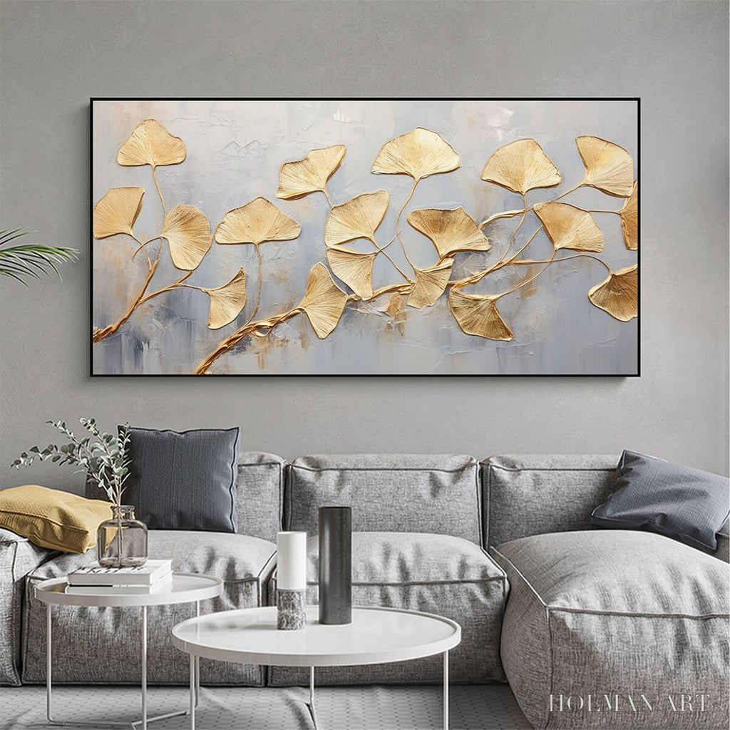 HOLMAN ART Golden Whispers – Textured Ginkgo Leaf Oil Painting in Gold - image 2