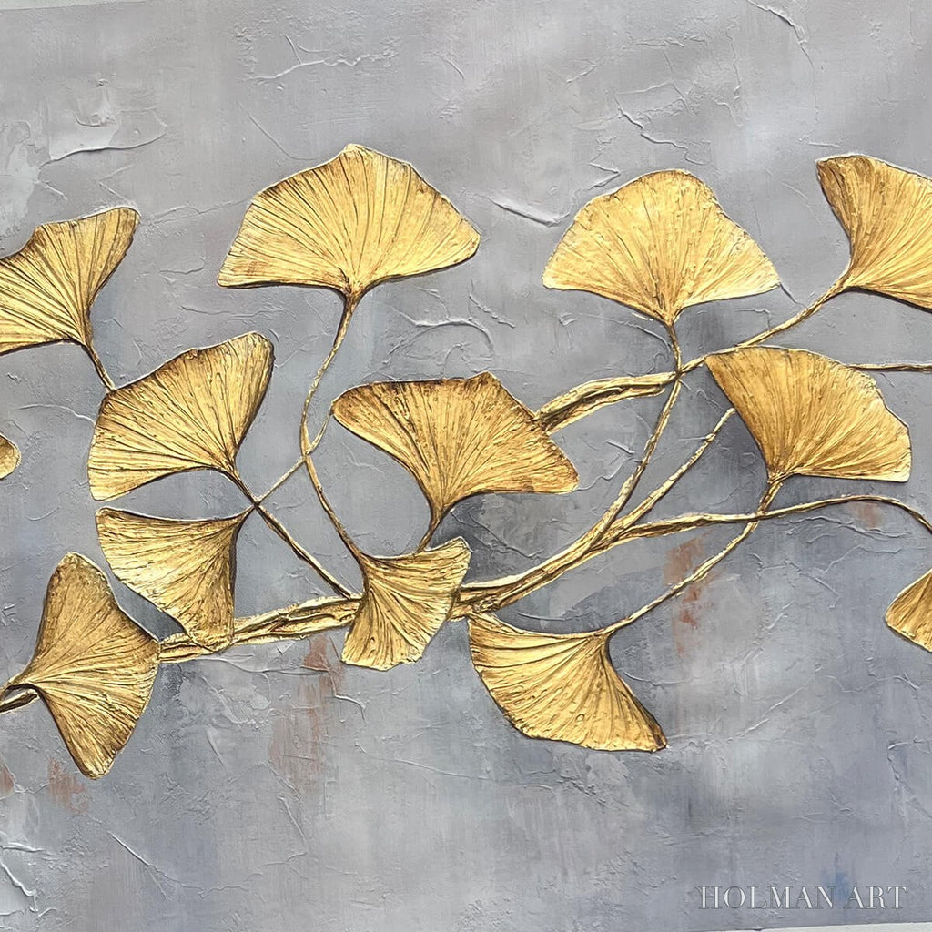 HOLMAN ART Golden Whispers – Textured Ginkgo Leaf Oil Painting in Gold - image 3
