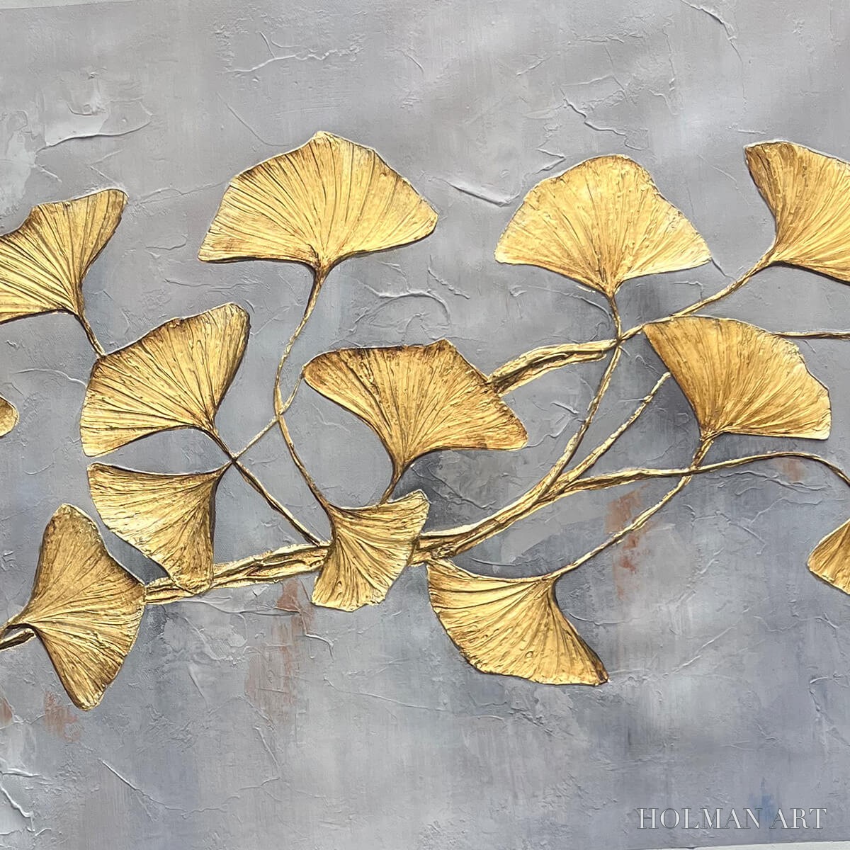 HOLMAN ART Golden Whispers – Textured Ginkgo Leaf Oil Painting in Gold - image 3