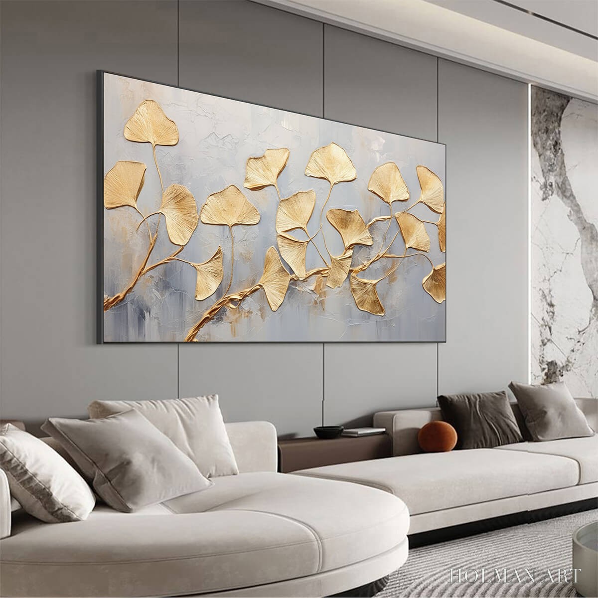 HOLMAN ART Golden Whispers – Textured Ginkgo Leaf Oil Painting in Gold - image 4