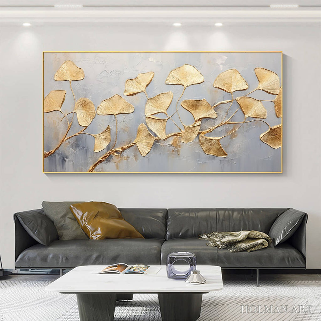 HOLMAN ART Golden Whispers – Textured Ginkgo Leaf Oil Painting in Gold - image 6