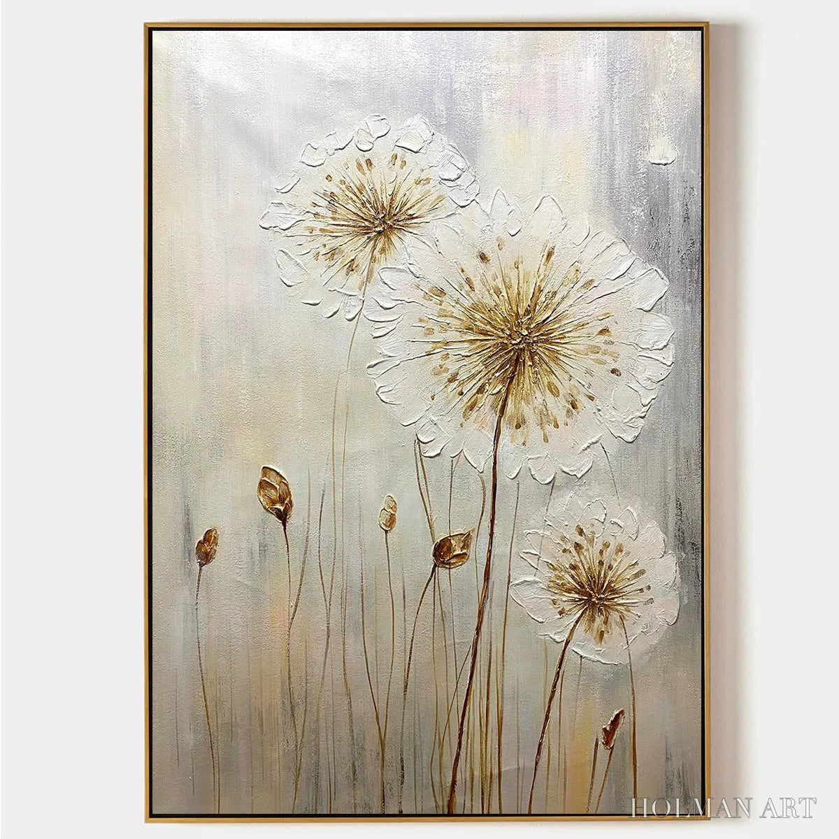 HOLMAN ART Whispers of Gold – Textured Dandelion Painting on Vertical Canvas - image 1