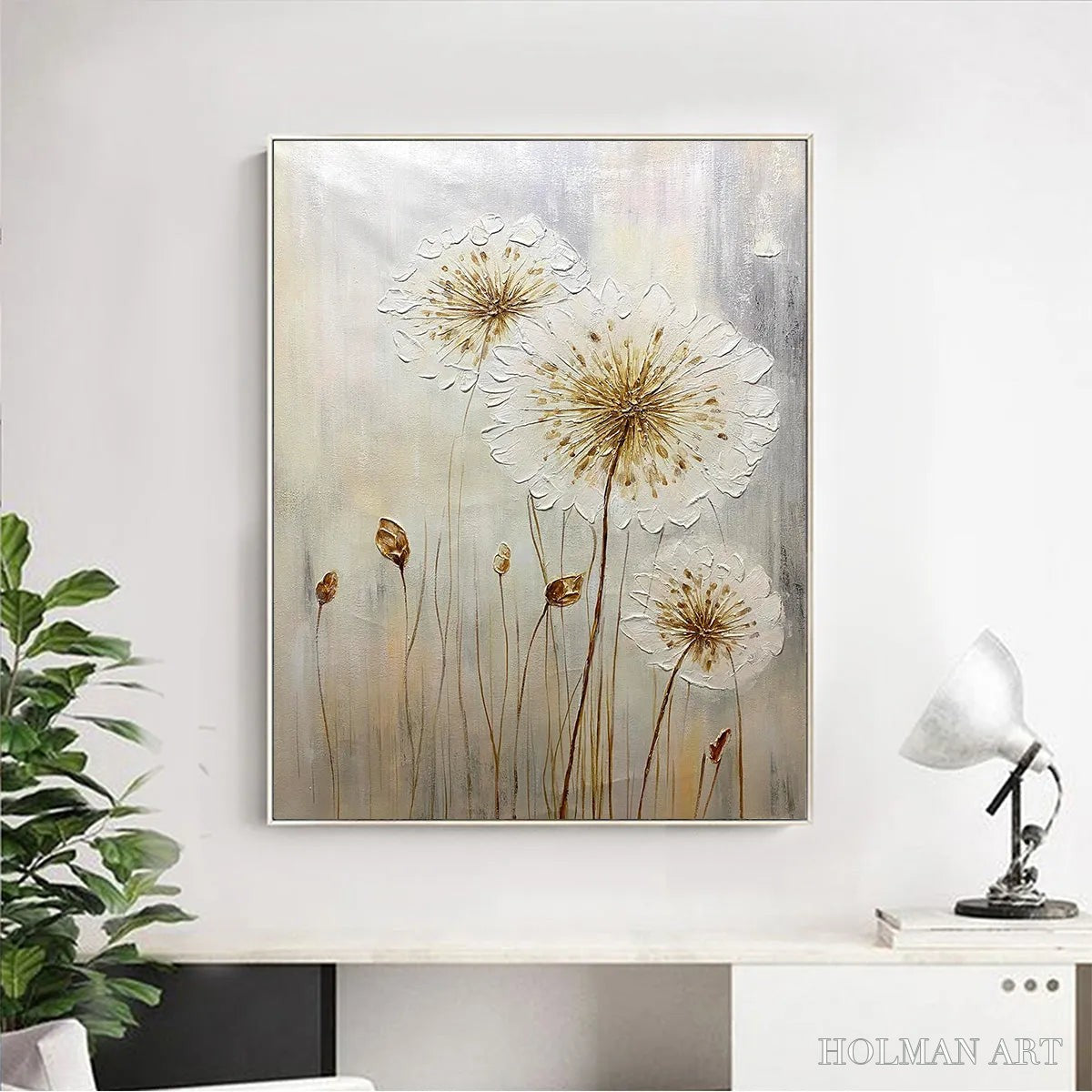 HOLMAN ART Whispers of Gold – Textured Dandelion Painting on Vertical Canvas - image 2
