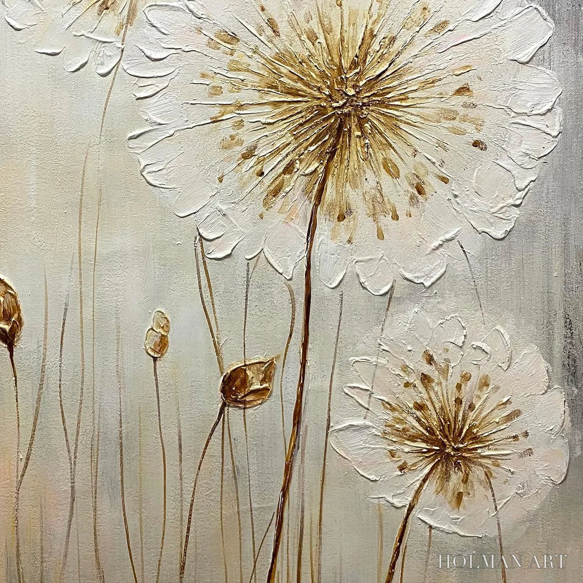 HOLMAN ART Whispers of Gold – Textured Dandelion Painting on Vertical Canvas - image 3