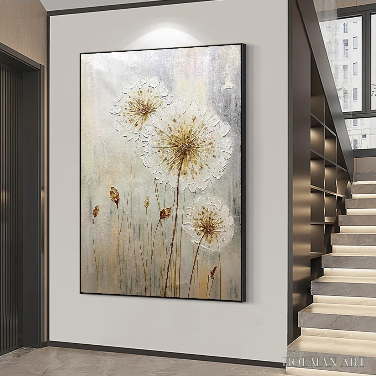 HOLMAN ART Whispers of Gold – Textured Dandelion Painting on Vertical Canvas - image 5